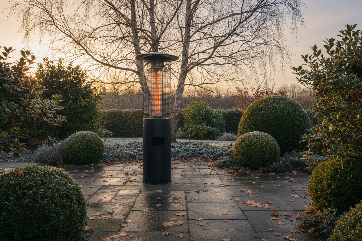 A wide, photorealistic shot of a contemporary, matte black patio heater standing elegantly in a mature, frost-kissed UK garden in late afternoon winter sunlight. The garden features a mix of evergreen shrubs and bare deciduous branches overhead. Fallen, golden-brown leaves scatter across the damp, grey stone patio. Soft, warm light illuminates the scene, casting long shadows and highlighting the heater's sleek design, creating an inviting and aspirational atmosphere of cozy winter comfort.
