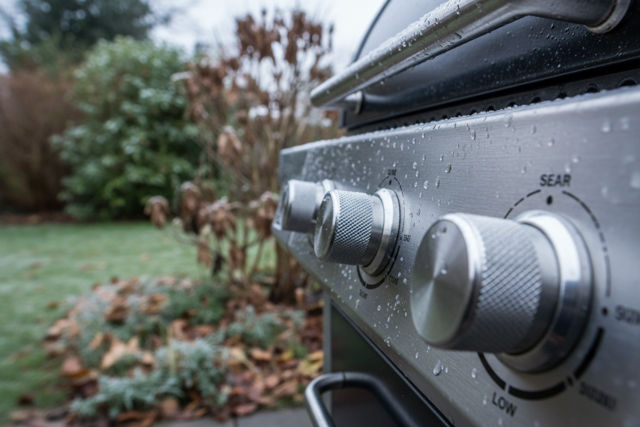 A hyperrealistic, close-up shot of the brushed stainless steel control panel of a contemporary charcoal BBQ, focusing on the intricate details of the knobs and metal texture. Subtle droplets of dew or light frost hint at a winter setting. The background is softly blurred with muted winter garden foliage. Natural, diffused lighting emphasizes the premium materials and craftsmanship, with a cool metallic palette contrasted by desaturated greens and browns.