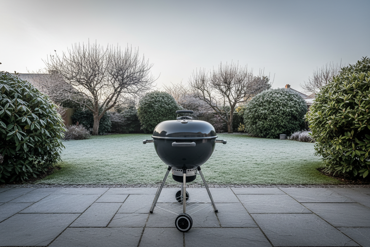 A photorealistic, wide-angle view of a clean, modern charcoal BBQ on a paved patio in a UK suburban garden on a cool winter afternoon. The garden has a manicured lawn, bare trees with frost, and rhododendrons, illuminated by soft, overcast daylight. The BBQ is the focal point, framed by muted winter colours and cool tones, suggesting anticipation for warmer weather.