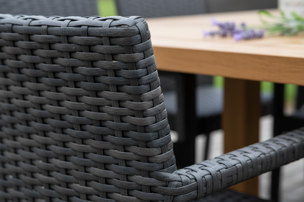 A detailed, eye-level close-up of the textured weave of a dark grey rattan outdoor dining chair. Tiny dew drops glisten on the intricately woven material, highlighting its quality and durability. In the soft background, a polished oak dining table edge and a sprig of purple lavender are visible, suggesting a spring garden setting. The natural, soft light emphasizes the rattan's texture and form.