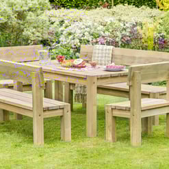 Solid wood outdoor patio dining set with table and benches, perfect for garden entertaining and outdoor living. Stylish and durable furniture from Empire Home and Garden.