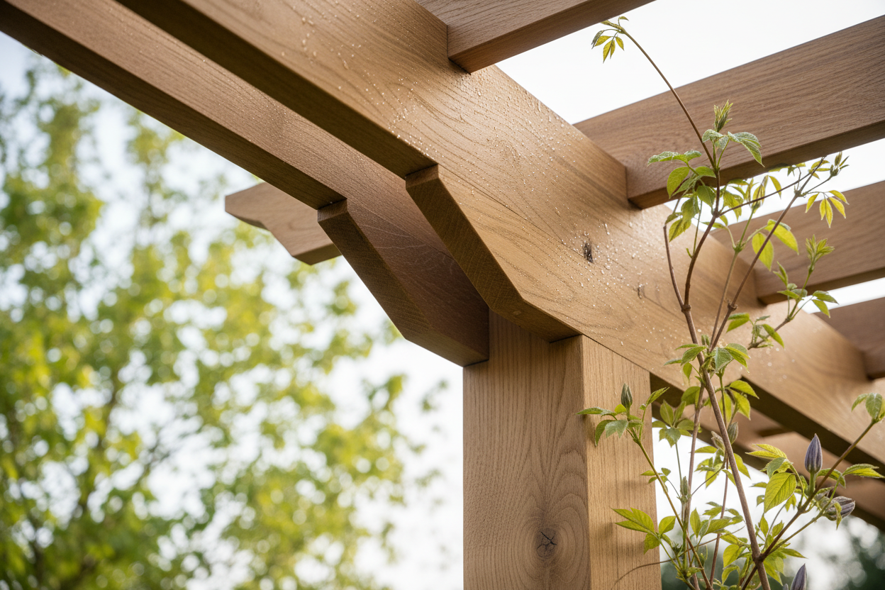 A close-up, photorealistic shot of the expertly crafted joinery of a modern UK-made wooden pergola, bathed in soft, natural late spring morning light. The focus is on the smooth grain of sustainably sourced timber and the precise cut of the joint, highlighting the quality of materials and craftsmanship. Subtle dewdrops may be visible. In the softly blurred background, new green foliage and emerging clematis add a touch of spring freshness.