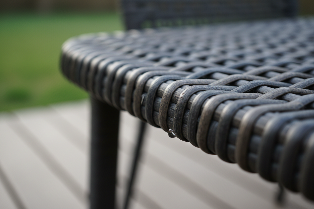 A photorealistic close-up of the dark grey woven rattan texture of a modern outdoor dining chair. A single dewdrop glistens on the intricate weave, hinting at a fresh spring morning. The background is softly blurred with green foliage, and the diffused daylight highlights the material's tactile quality and craftsmanship. The color palette is dominated by earthy browns and greys with a hint of fresh green.
