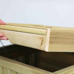 Natural wood planter box with sliding lid, ideal for garden decoration and outdoor planting. Crafted from durable cedar for long-lasting outdoor use. Perfect for vegetable or flower planting.