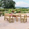Vivid outdoor patio with wood dining furniture, colorful floral arrangements, and garden pots, overlooking scenic countryside landscape for outdoor living, garden, and patio decor inspiration.