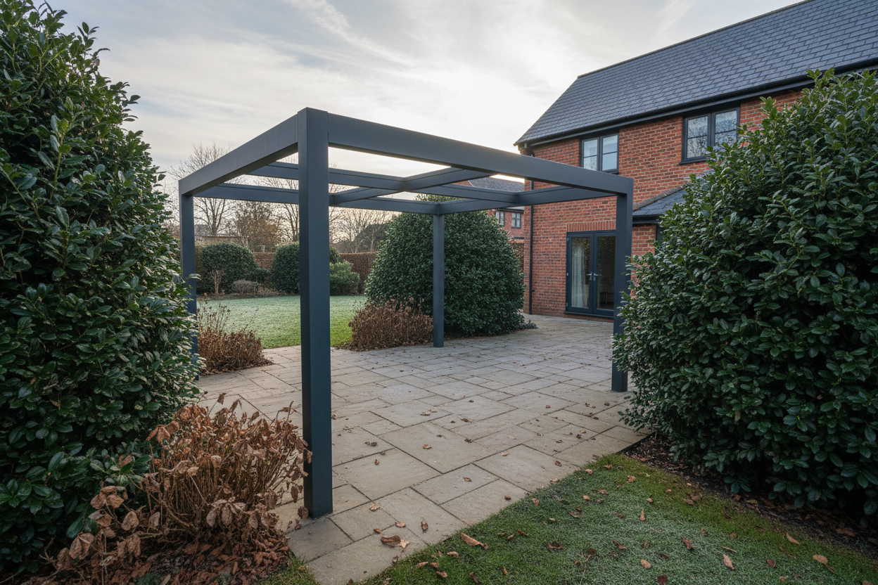 A photorealistic, wide-angle view of a modern charcoal grey aluminium pergola with clean lines, situated over a paved patio in a UK garden during late autumn. Fallen brown leaves dot the patio. Mature evergreen yew and holly shrubs surround the area, their deep green foliage contrasting with the muted winter tones. In the background, a traditional brick house with a slate roof suggests warmth within. Soft, natural daylight from an overcast late afternoon casts gentle shadows, emphasizing material textures. The scene conveys a warm and inviting atmosphere despite the season, with a hint of frost on the distant lawn. The composition is balanced, highlighting the pergola as a functional and elegant outdoor space, within a palette of earthy browns, deep greens, charcoal grey, and diffused winter light.
