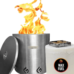 Fire pit with wax fuel and stainless steel lid for outdoor heating and ambiance at Empire Home and Garden.