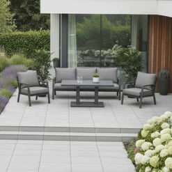 Stylish outdoor patio furniture with modern garden landscaping, perfect for outdoor entertaining and relaxation.
