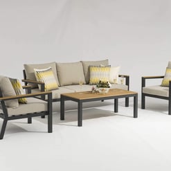 Modern outdoor patio furniture set with beige cushions, black and wood accents, perfect for garden or backyard relaxation.