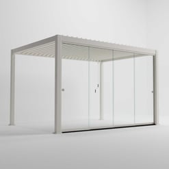 Steel and glass modern pergola with white frame perfect for outdoor patio or garden spaces. Stylish shade structure adds elegance and function to home gardens.