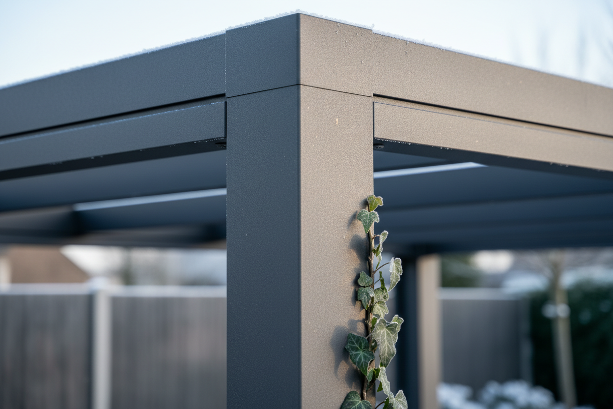 A photorealistic close-up of a charcoal-grey aluminium pergola's corner joint, highlighting its sleek, minimalist design and robust construction. Subtle frost crystals glint on the brushed metal in the soft light of a late winter morning. Dark green ivy leaves, also dusted with frost, add a touch of natural texture climbing a post. The background is a softly blurred UK garden in muted winter tones. The image emphasizes strength and quality with a slightly angled, upward view.