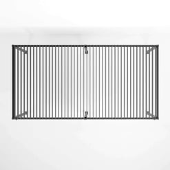 Modern black metal gate with vertical bars, ideal for security and aesthetics in home and garden fencing. Durable design suitable for residential outdoor spaces.