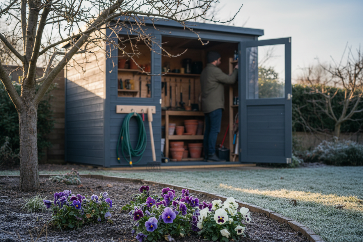 A photorealistic medium shot of a tranquil UK winter garden preparation. A contemporary dark grey wooden shed is in the mid-ground, with soft daylight filtering through bare apple tree branches. A slightly out-of-focus figure tidies tools in the background. The foreground shows purple and white pansies and frosted soil. The scene conveys a warm, inviting, and aspirational atmosphere of a peaceful retreat.