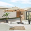 Stunning outdoor space featuring a large beige patio umbrella, modern potted plants, and contemporary decor, perfect for relaxing and entertaining in backyard or garden areas.