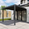 Aluminum patio cover with metal roof and sliding glass doors for outdoor living spaces.