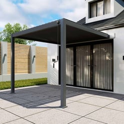 Aluminum patio cover with metal roof and sliding glass doors for outdoor living spaces.