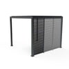 Heavy-duty black aluminum pergola with adjustable slatted side panels for outdoor patio shade and privacy. Perfect for garden pergolas, outdoor lounging, and backyard entertainment areas.