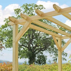 Wooden pergola garden structure for outdoor living and shade, ideal for patios and backyard landscaping, featuring natural wood construction and scenic surroundings.