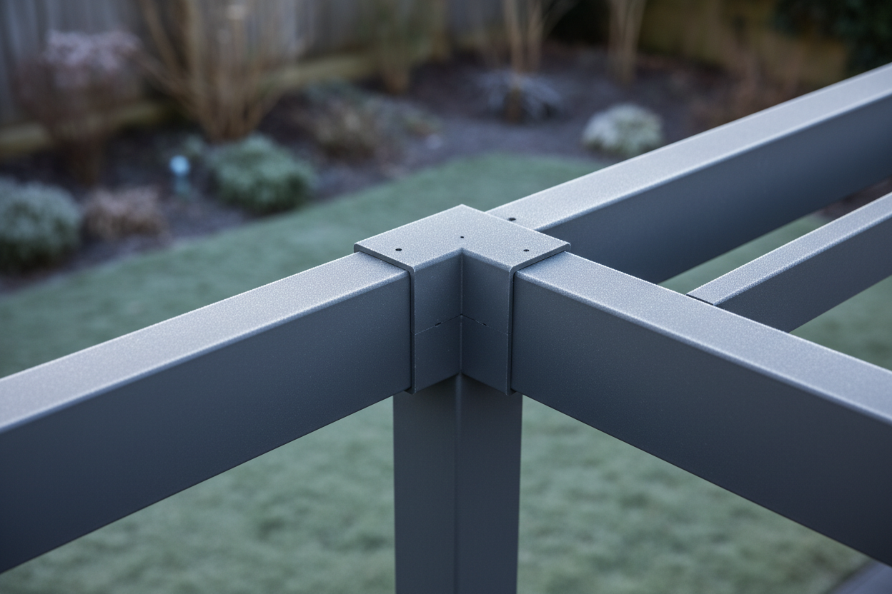 Close-up, photorealistic detail of the corner joint of a modern grey-anthracite aluminium pergola. The image highlights the precision of the interlocking system and the matte texture of the powder-coated aluminium. Subtle frost or condensation suggests a winter setting. The softly blurred background hints at a UK garden with muted winter foliage. Natural, diffused daylight photography illuminates the textures and material quality, conveying durability and modern design. The angle, slightly from above, emphasizes structural integrity. The colour palette features sophisticated greys and cool tones, showcasing premium material.