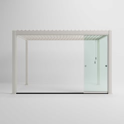 Modern white pergola with glass sliding doors, ideal for outdoor living spaces and garden patios. Elegant design enhances backyard aesthetics and provides shade and shelter.