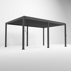 Metal pergola for outdoor patio and garden shade, modern constructed steel structure with slatted roof for sun protection and aesthetic appeal.