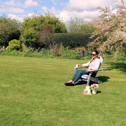 Relaxing garden scene with outdoor patio furniture, lush greenery, flowering trees, and landscaping design by Empire Home and Garden in a serene backyard setting.