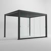 Modern glass outdoor pavilion with a sleek black metal frame, insulated glass walls, and a pergola-style roof, ideal for stylish outdoor living and entertainment spaces.