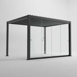 Modern glass outdoor pavilion with a sleek black metal frame, insulated glass walls, and a pergola-style roof, ideal for stylish outdoor living and entertainment spaces.