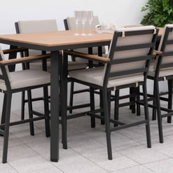 Contemporary outdoor dining table with six matching chairs, durable wood and metal construction, perfect for garden or patio entertainment.