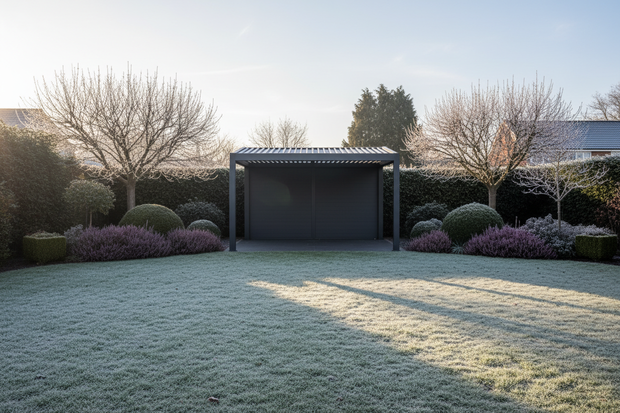A photorealistic, wide-angle view of a modern grey-anthracite aluminium pergola with a retractable slatted roof, set in a manicured UK suburban garden on a crisp winter afternoon. Bare deciduous trees with a dusting of frost and evergreen shrubs like heathers and boxwood frame the scene. Soft, natural daylight from a low winter sun casts long shadows, highlighting the pergola as an aspirational focal point with muted, cool tones of grey, deep green, and frosty white, conveying understated elegance.