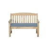 Wooden outdoor garden bench with blue cushion, perfect for relaxing in your backyard or patio. Durable and stylish seating for your home garden.