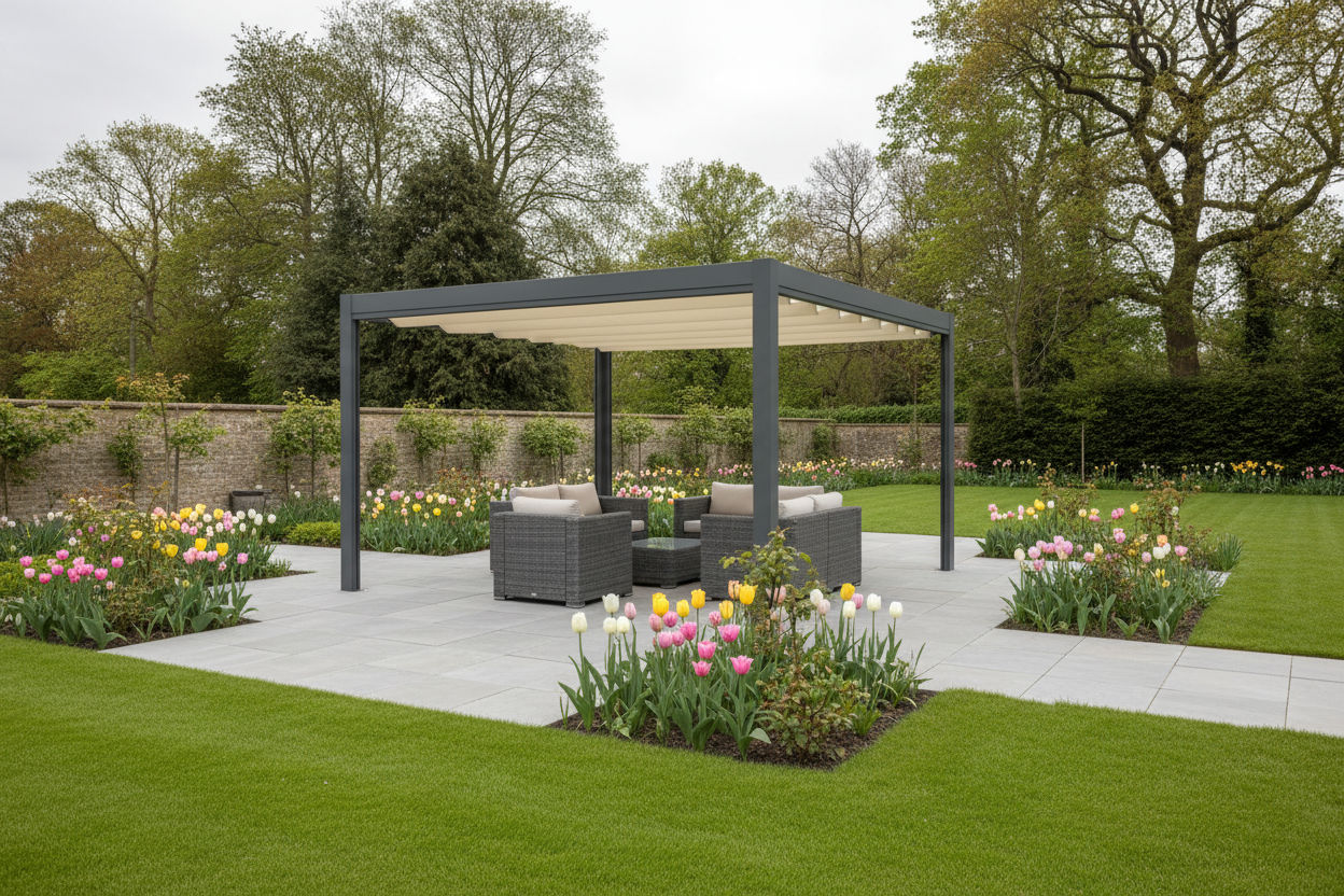 A photorealistic wide shot of a modern grey aluminium pergola with a retractable canopy, positioned over a sleek grey stone patio in a spacious, manicured UK garden on a bright, slightly overcast spring morning. Lush green lawn dotted with pink, yellow, and white tulips and budding rose bushes surrounds the patio, all illuminated by soft, diffused natural daylight. The image showcases clean lines and natural beauty with a color palette of fresh greens, soft greys, and pastel floral tones.