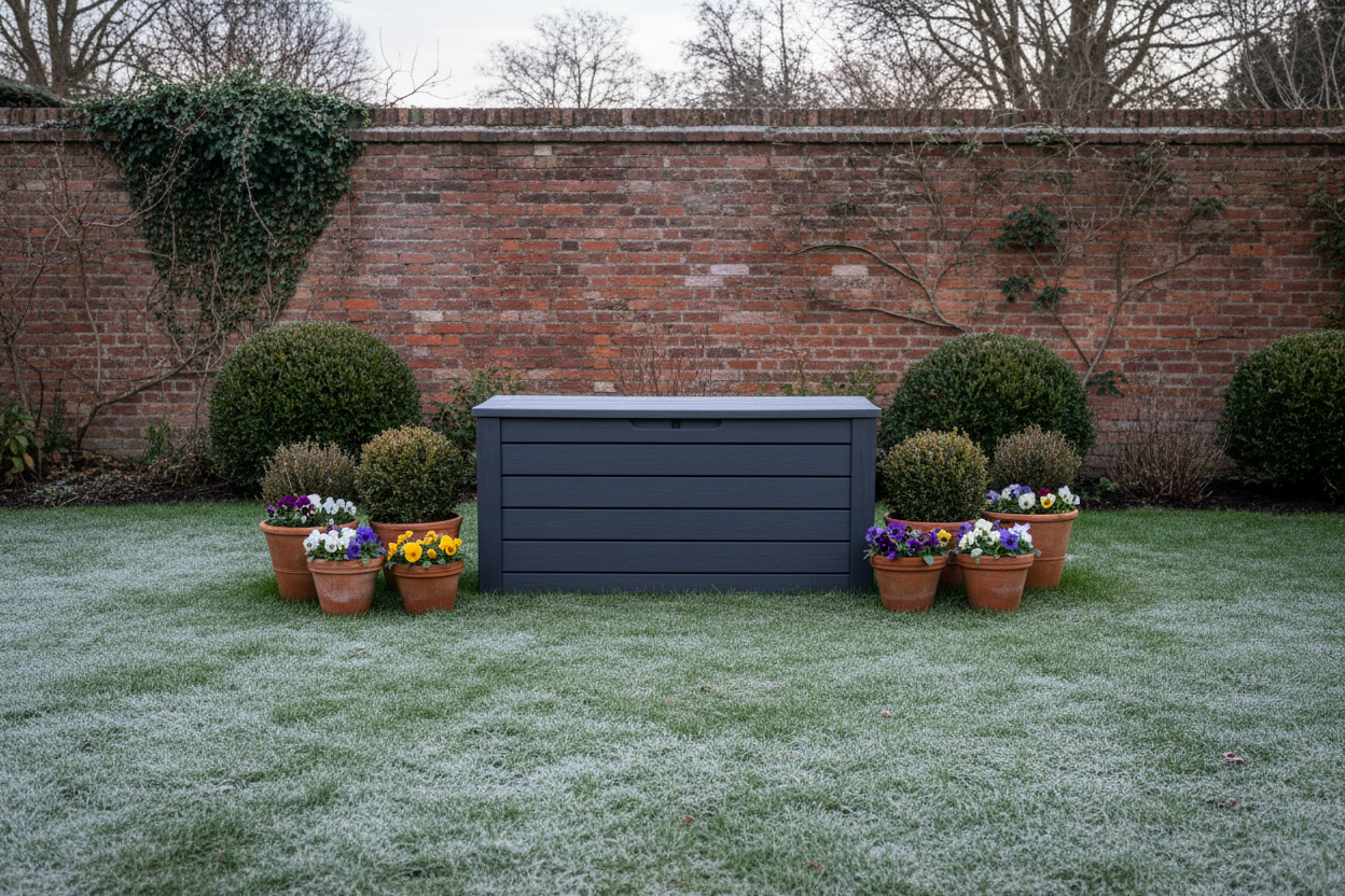 A photorealistic, wide-angle shot showcases a contemporary charcoal grey composite garden storage box on a neat, manicured lawn in a UK garden during winter. The scene is set with dormant evergreen shrubs like boxwood and hardy winter-flowering pansies in terracotta pots. The overcast sky provides soft, diffused natural daylight, resulting in a cool, muted colour palette of greys, deep greens, and earthy browns. A light dusting of frost is visible on the grass, with the storage box as the central focus, highlighting its clean lines and modern design. The background features a traditional brick wall and bare-branched trees. The overall atmosphere is serene, aspirational, and stylishly functional for winter garden organisation.