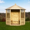 Custom wooden garden gazebo with lattice panels for outdoor relaxation and entertainment. Rustic design perfect for enhancing your backyard landscape and outdoor living space.