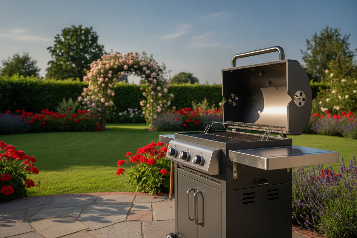 A photorealistic, wide-angle shot of a modern charcoal BBQ with a sleek stainless steel finish, positioned on a paved patio in a quintessential UK suburban garden on a warm, sunny summer afternoon. The garden features a neatly mown emerald green lawn, borders filled with vibrant red geraniums and lavender, and a soft-focus climbing rose archway in the background. Sunlight streams down, casting gentle shadows and highlighting the BBQ. The atmosphere is inviting and aspirational.