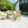 Wood outdoor dining set on patio with a beautiful garden view, perfect for relaxing meals and outdoor entertaining.