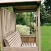 Weather-resistant wooden garden swing with canopy, perfect for outdoor relaxation.