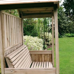 Weather-resistant wooden garden swing with canopy, perfect for outdoor relaxation.