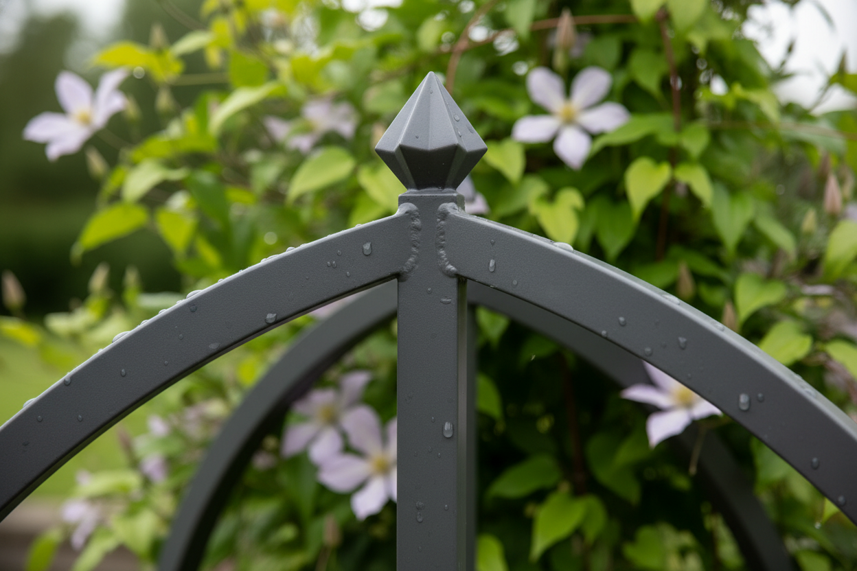 Close-up of the joint and decorative finial on a modern, charcoal grey powder-coated steel garden arch, highlighting seamless welding and subtle metal texture. Dew drops glisten on the surface under soft UK Spring daylight. Blurred background of green foliage and pale lilac clematis tendrils.