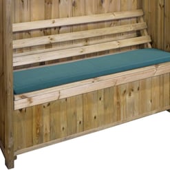 Solid wooden outdoor bench with a built-in storage compartment, perfect for garden and patio seating, featuring a comfortable teal cushion. Ideal for enhancing backyard aesthetics and functionality.