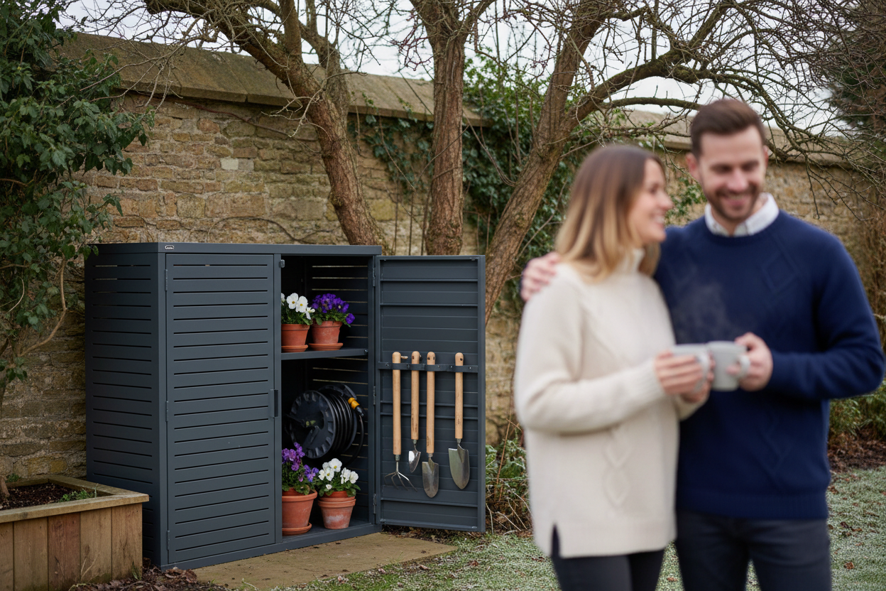 A photorealistic medium shot of a cozy UK garden in winter. A dark grey slatted metal garden storage locker, filled with tools and plants, stands against a weathered stone wall and a bare hawthorn tree. In the softly blurred background, a couple in knitwear hold mugs of hot drinks, looking contentedly into the garden. Soft winter light creates a warm, inviting atmosphere.