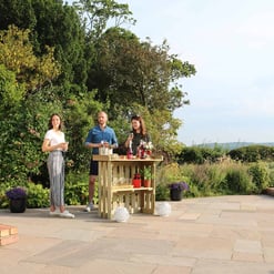 Vibrant outdoor garden party with friends, showcasing backyard landscaping, garden furniture, and patio decor in a lush, green garden setting.