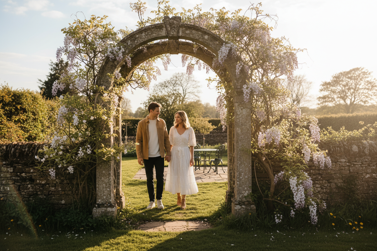 A stylish couple walks hand-in-hand through a weathered stone garden archway draped with blooming jasmine and wisteria in soft lilac and white. The scene is set in a charming UK cottage garden in the late afternoon, bathed in warm, golden sunlight that casts long shadows, creating an inviting and idyllic atmosphere of outdoor living.