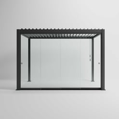 Modern outdoor pergola with black metal frame and glass sliding doors, ideal for garden patio cover, providing shade and stylish outdoor living space.