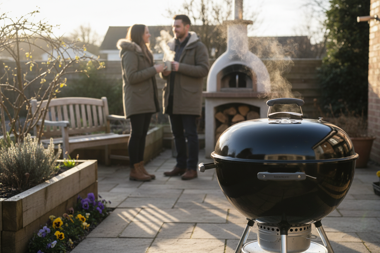 A photorealistic, eye-level shot of a UK garden patio in late afternoon winter light. In the soft background, a couple in warm winter jackets chats near a rustic wood-fired pizza oven, their breath visible. The foreground shows a pristine black kettle BBQ. The garden features dormant herb beds, a weathered wooden bench, and pansies. The low, golden daylight casts long shadows and a warm glow, creating an inviting scene of winter outdoor living.