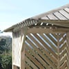 Rustic outdoor wooden gazebo with slanted roof and diagonal lattice walls, ideal for garden relaxation and outdoor entertaining. Perfect addition to any backyard landscape.