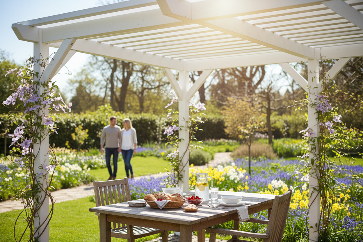 A photorealistic medium shot captures a contemporary white-painted wooden pergola in a charming UK garden on a sunny spring afternoon. Sunlight streams through the slatted roof, casting dappled shadows on a rustic wooden dining table set for a light meal. In the background, a couple strolls through a flower-filled border of bluebells and daffodils. Climbing clematis in soft purple hues adorns the pergola, adding a touch of spring colour. The scene is warm, inviting, and aspirational, showcasing the joy of outdoor living with a color palette of fresh greens, warm wood, crisp white, and pastel spring flowers.