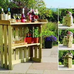 Wooden outdoor bar cart with wine bottles, glasses, and potted plants in a lush garden setting. Perfect for patio entertaining and garden decor.