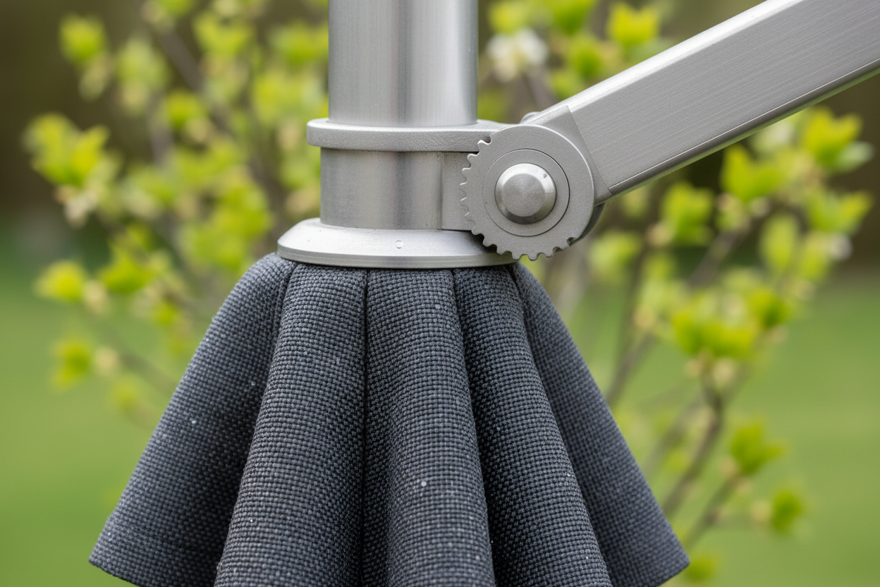 A photorealistic close-up of a modern garden parasol's brushed aluminium frame and textured, water-resistant fabric. Dewdrops dot the canopy, highlighting its fine weave. The smooth articulation mechanism is visible. The background is a soft blur of lush green garden foliage, suggesting a spring setting. Natural, soft daylight from the side emphasizes texture, and the angle looks down, showcasing craftsmanship.