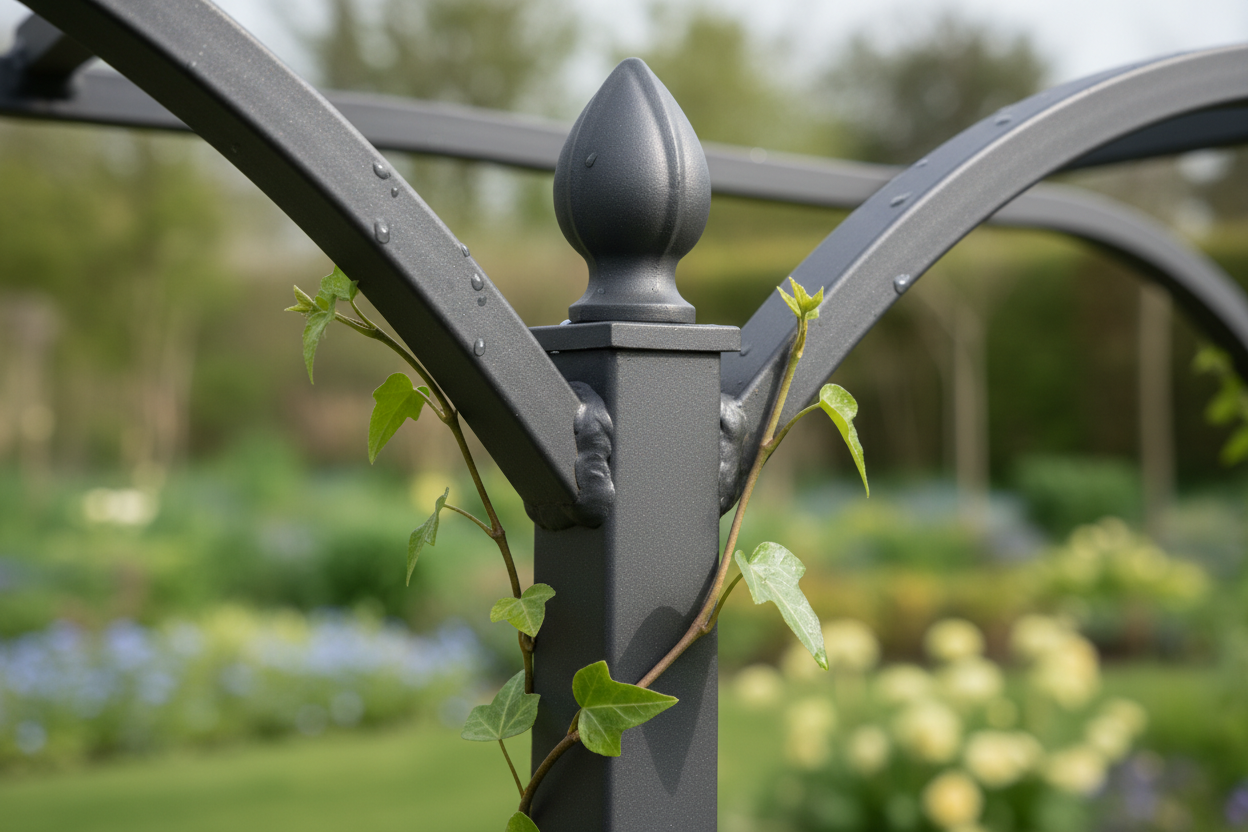 A photorealistic close-up of the joint and decorative finial of a dark grey powder-coated steel garden arch. The texture of the metal, dew drops, and a new ivy tendril are visible. The background is softly blurred with hints of early spring blossoms.
